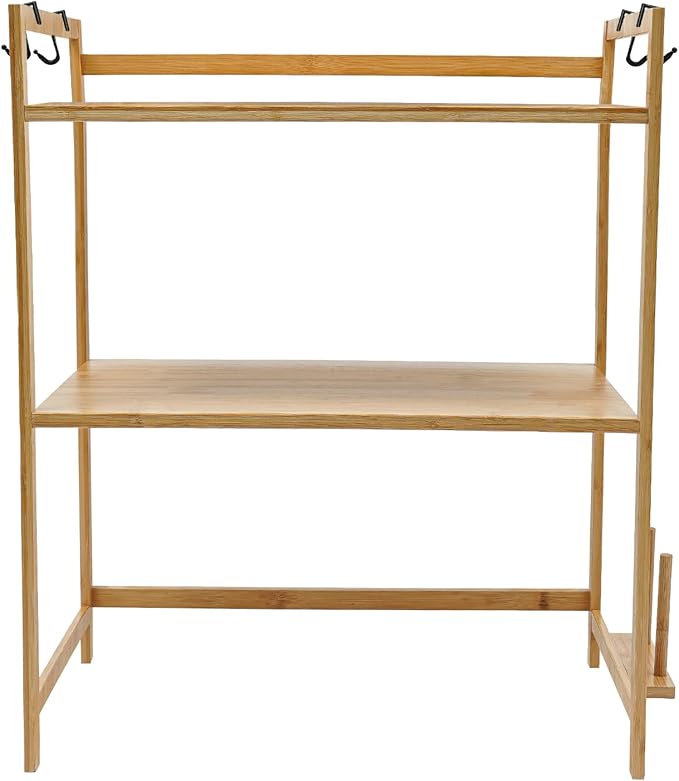 2 Tier Bamboo Kitchen Countertop Microwave Shelf with 4 HooksAdjustable Spice RackKitchen Counter Storage ShelfWood Color