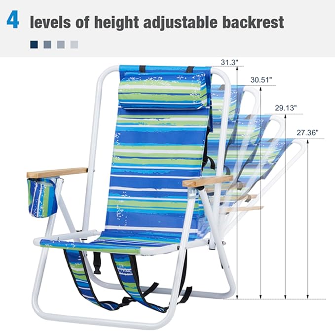 Beach Chairs for Adults 2 PackPortable Folding Backpack Beach Chair with Headrest Cup Holder and Wooden ArmrestsCup Holder for Outdoor/Lawn/PicnicFoldable Camping Chair (Blue Stripes-2Set)