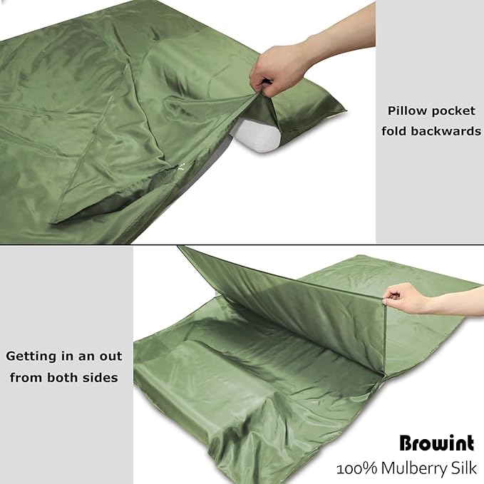 Browint Silk Sleeping Bag Liner Silk Sleep Sack Extra Wide 87x43 Lightweight Travel Sheet for Hotels More Colors for Option Reinforced Gussets