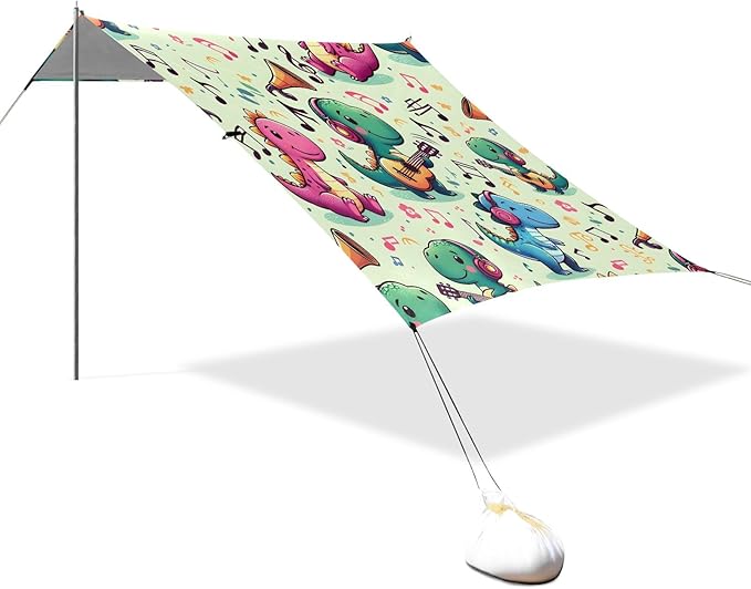 Camping Sun Shelters Cute Dinosaur Playing Music Beach Canopy 126 * 110.2in