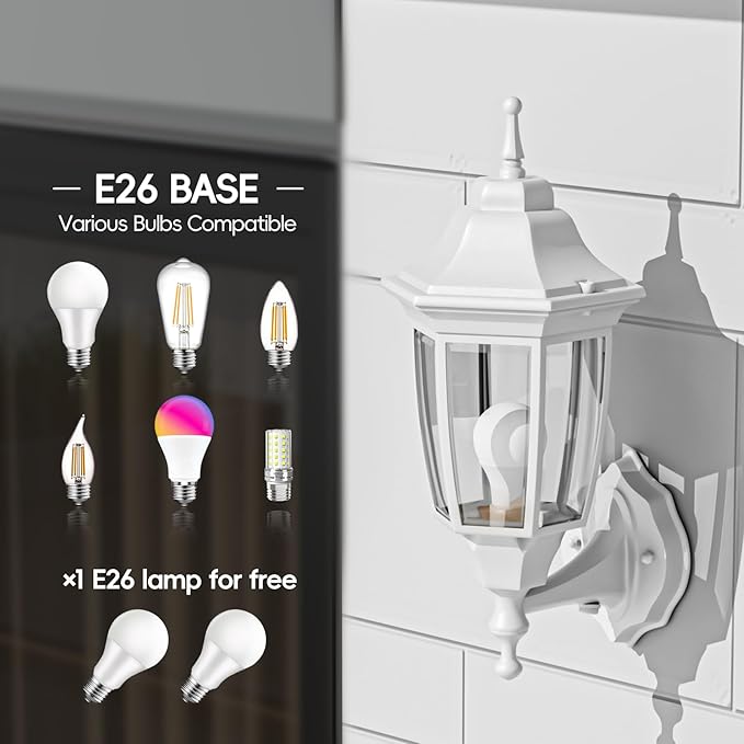 EMART Dusk to Dawn Outdoor Porch Light Exterior Anti-Corrosion Waterproof Aluminum &amp Glass Shades Wall Lamp Fixture Modern Sconce Lantern for Yard House Garage - 1 Pack White （Bulb Included）