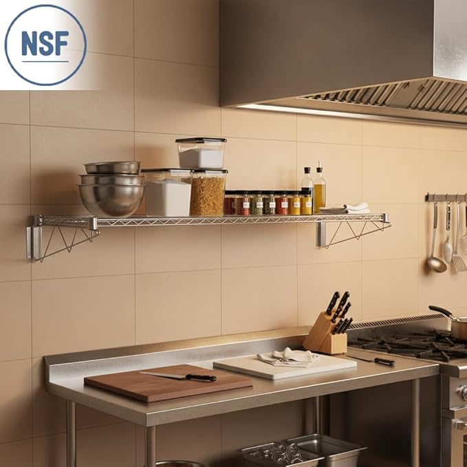 14 x 24 Wire Chrome Wall Mount Shelf Commercial Fixed Wall Mount Rack NSF Metal Floating Shelving for Kitchen Stock Rooms Home and Hotel