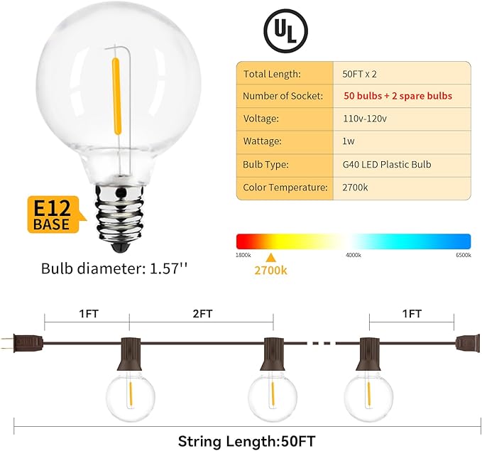 100ft 2-Pack Outdoor String LightsDimmable G40 LED String Lights with 52 Shatterproof Clear Bulbs UL Approval Waterproof Globe 1W 2700K Outdoor Lighting for Backyard Porch Cafe Party Wedding Garden