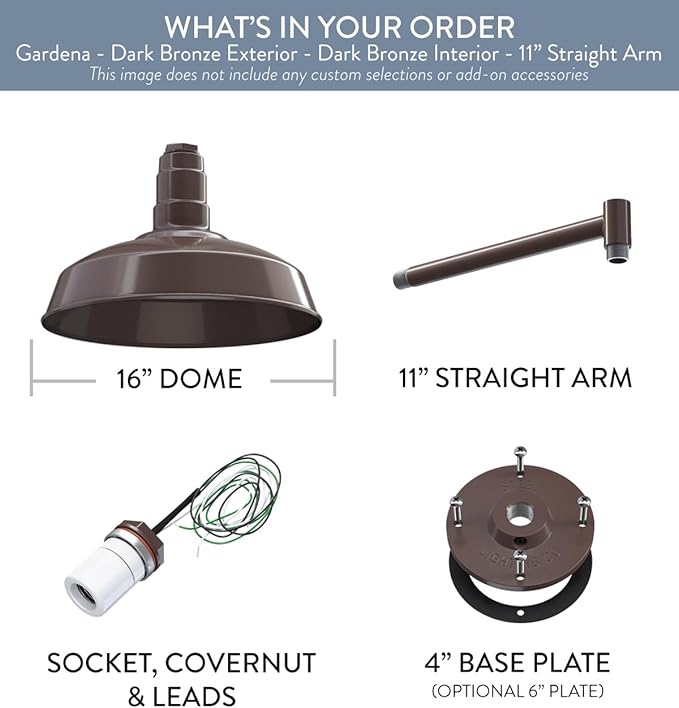 Steel Lighting Co. | Dusk to Dawn | Gardena Barn Light | Outdoor Wall Mounted | 16 Dome | 11 Straight Arm | Farmhouse Light Made in America | Dark Bronze/Dark Bronze