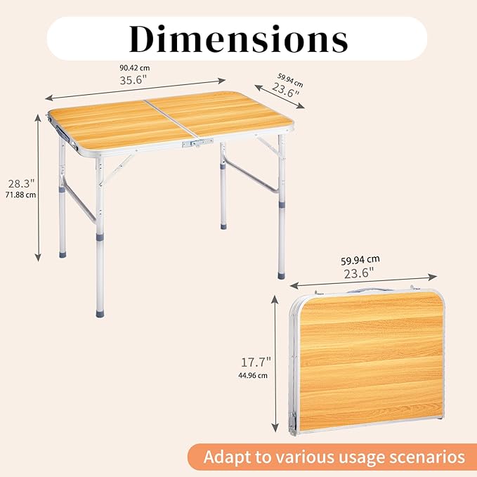 BIVVI 3FT Small Folding Camping Table Portable Lightweight Fold Up Utility Side Tables with Carrying Handle Outdoor Aluminum Fold in Half Dining Card Table for Picnic Party Events (Wood Grain Color)