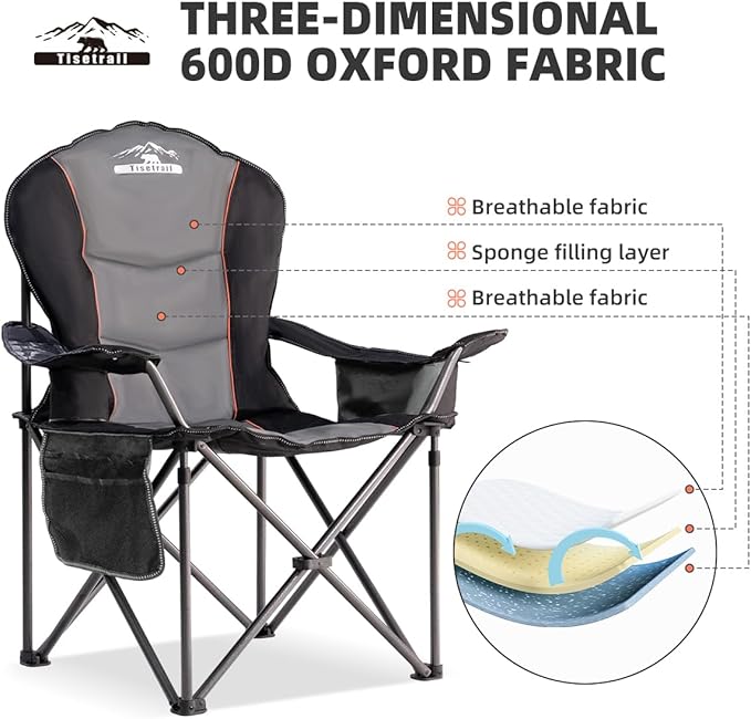 Oversized Camping Chairs with Cooler Bag &amp Cup Holder - Set of 4 Heavy-Duty 500lbs Folding Chairs (Steel Frame Padded Seat Black &amp Gray)