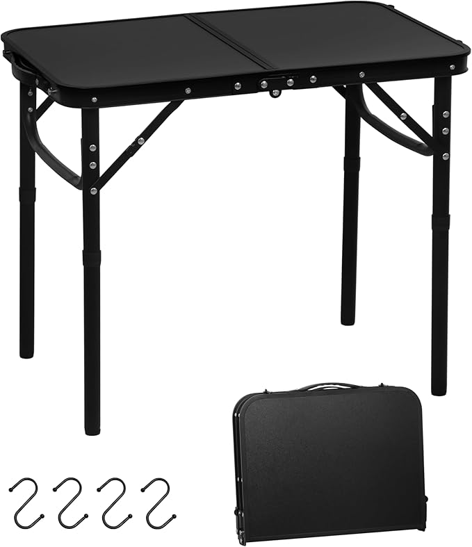 LOFTEY 2025 Reinforced Small Folding Table Portable Small Foldable Camping Table Heavy-Duty Mini Folding | 2 Adjustable Height | Lightweight Aluminum with Handle | 25 x 16 x 22 Black