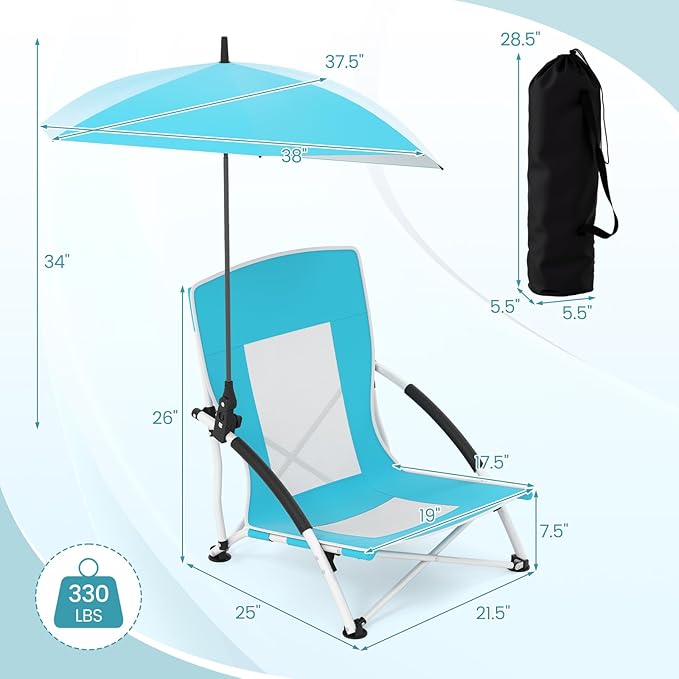 Giantex Low Folding Beach Chair with Detachable &amp Adjustable Umbrella Carrying Bag Padded Armrests Mesh High Back Load 330 LBS Anti-Slip Foot Pads Camping Chair for Picnic Lawn Blue