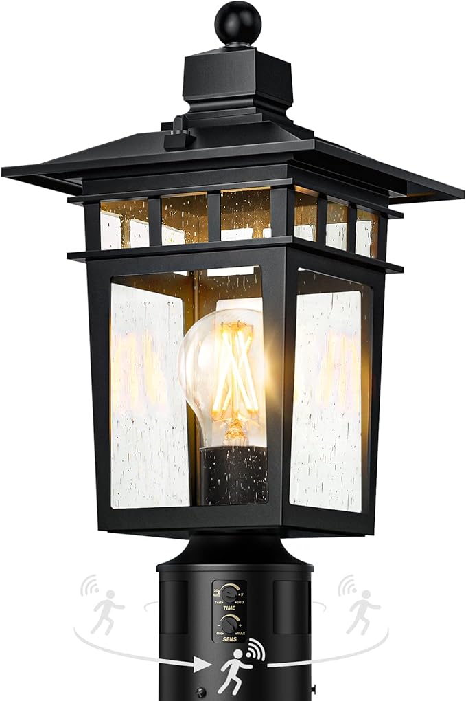 360° Motion Sensor Outdoor Post Lights 4 Lighting Modes Lamp Post Light Fixture Dusk to Dawn Waterproof Aluminum Black Pole Light Post Outdoor Lighting for Outside Garden Fence YardHard Wired