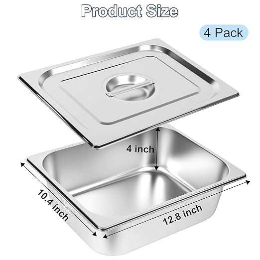 4 Pack 1/2 Half Size Hotel Pans 4 Inch Deep with Lids Stainless Steel Steam Table Pan Half Size with Lids Commercial Food Pans for Hotel Home Restaurant Catering Buffet Pan