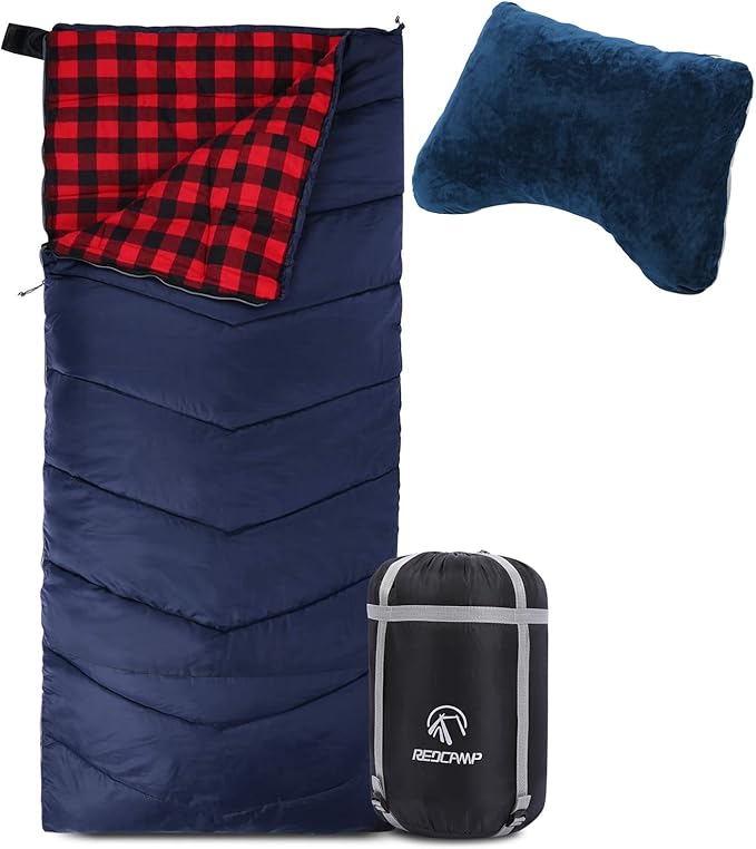REDCAMP Cotton Flannel Sleeping Bag for Adults XL 32/41/50F Comfortable Envelope Sleeping Bag with Compression Sack Red Plaid 2lbs+ Memory Foam Camping Pillow Lightweight and Compressible