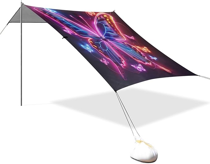 Neon Butterfly Beach Tent Sun Shelter 9.2' x 10.5' Beach Canopy with 4 Sandbags 4 Stability Poles Sand Shovels - Tent Canopy for Beach Camping Fishing Picnics