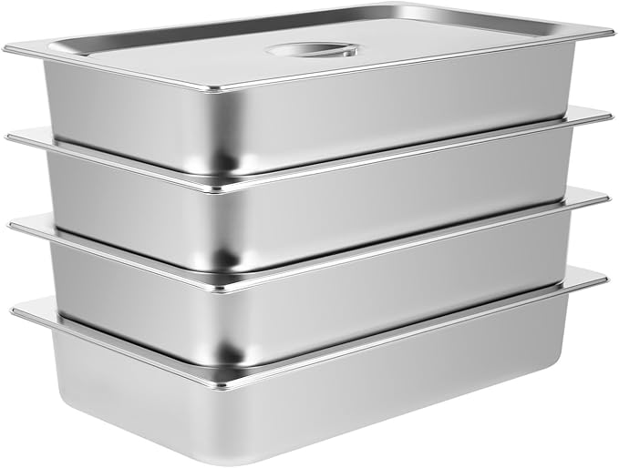 4 Pack Hotel Pans 4 Deep Steam Table Pan Full Size with Lid 20 L x 12 W Stainless Steel Hotel Pan for Food Warmer Cooking Heat (4 Pack Table Pan)