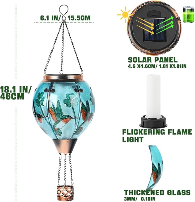 Hot Air Balloon Solar Lantern - Hummingbird Glass Lantern Simulated Flickering &amp Dancing Flame Outdoor Hanging Shamrock Yard Light Waterproof IP65 for Patio Lawn Porch Decor Irish Gift