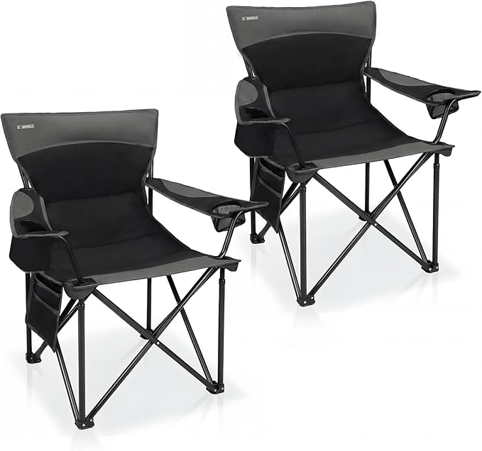 Oversized Camping Chair for Adults - 2 Pack Padded Lawn Chairs with Cup Holder &amp Side PocketHeavy Duty Folding Outdoor Chairs for CampSportsPicnicBeachBlack