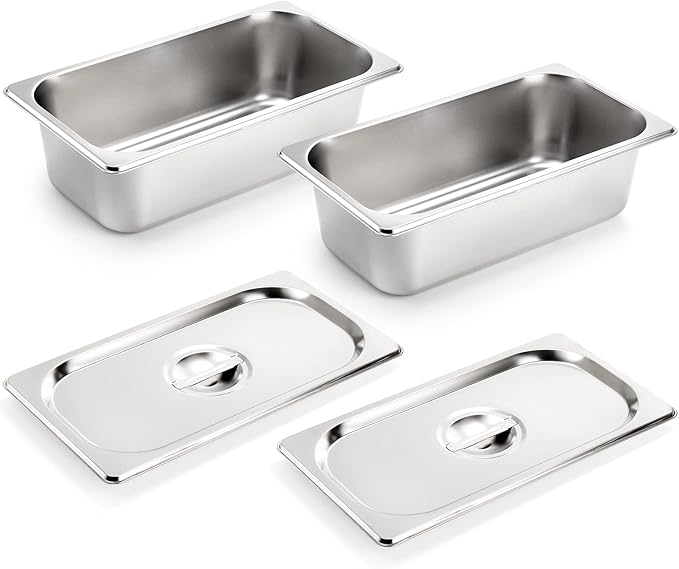 Kingrol 2 Pack 1/3 Size Hotel Pans with Lids 3-5/8 Depth 22 Gauge Steam Table Pan Stainless Steel Counter pan Food Service Pan for Kitchen