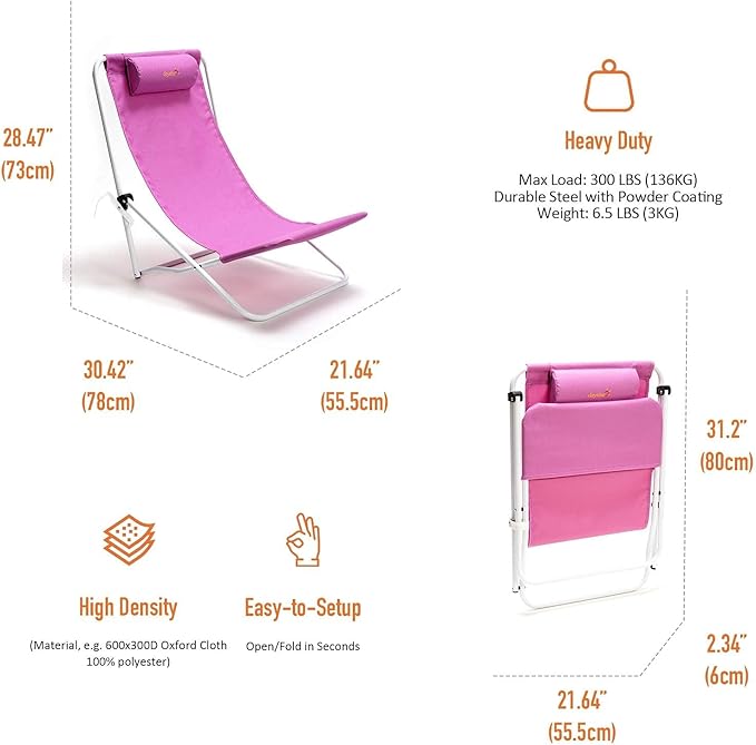 SUNNYFEEL Folding Low Beach Chair High Back Lightweight Portable Sand Chair with Pillow for Adults Heavy Duty 300 LBS Easy-to-Use Foldable Camping Chairs for Camp/Lawn/Outdoor/Travel/Picnic