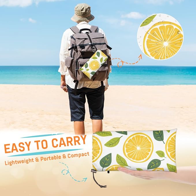 Waterproof Sandproof Beach Blanket 59''×68'' Lemon Slices Polyester Outdoor Picnic Blanket with 4 Stakes &amp Storage Bag for BeachCampingVacation Melon Yellow