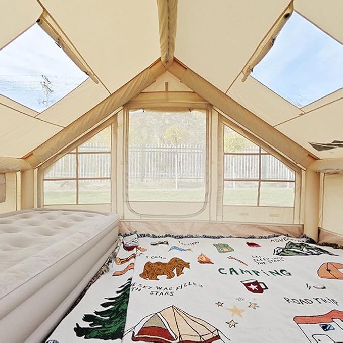 Large Luxury Inflatable Camping Tent Cotton Canvas Tent Breathable and Waterproof Air Tent with Skylight and Stove Jack Hole for for 4-6-8-10 Person Family Camping