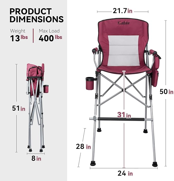 Foldable Directors Makeup Salon High Chair - Portable Camping Bar Height Folding Photoshoot Chairs with Stroage Bag Cup Holder Non-Slip Footrest Supports 400 lbs Red Tall Director Chair
