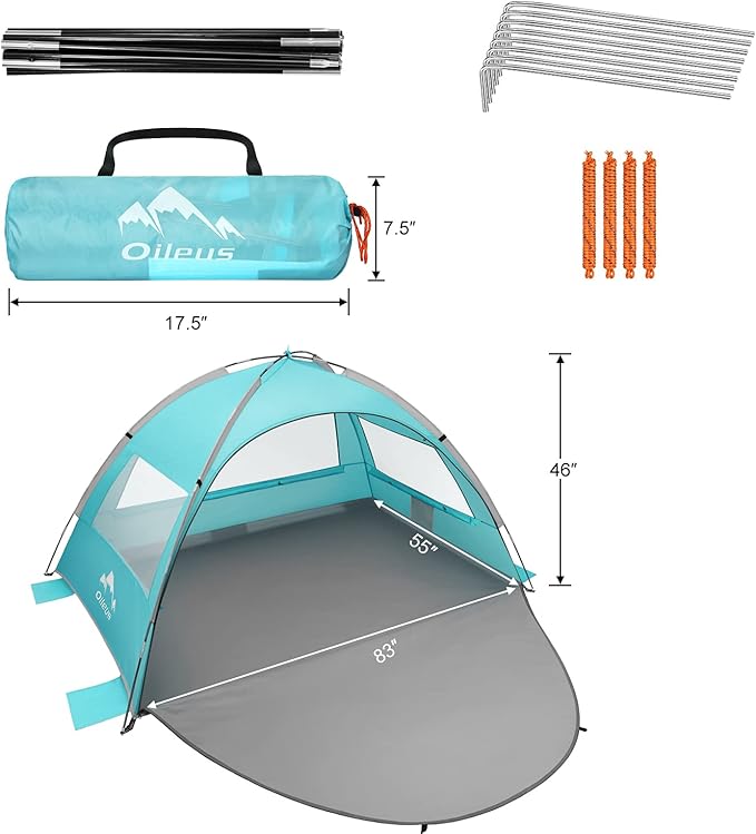 Oileus Beach Tent 2-3 Person Portable Sun Shade Shelter UV Protection Extended Floor Ventilating Mesh Roll Up Windows Carrying Bag Stakes 6 Sand Pockets Fishing Hiking Camping Sky Blue