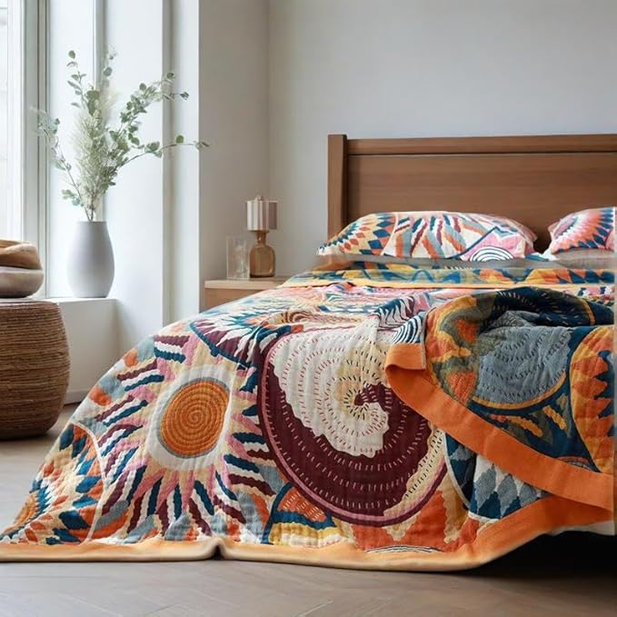 ITFRO Boho Throw Blanket 100% Cotton 4 Layer Muslin Blanket Twin Size 60x80 Lightweight Breathable Rustic Bed Throw Art Geometry Farmhouse Decor for Sofa Couch (Boho Colorful 60x80)