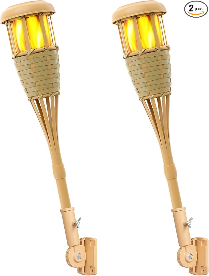 Upgraded Flickering Flames Solar Powered Lights - Solar Torches Waterproof Outdoor Decorative Lighting Handmade Bamboo Finish 2-Pack
