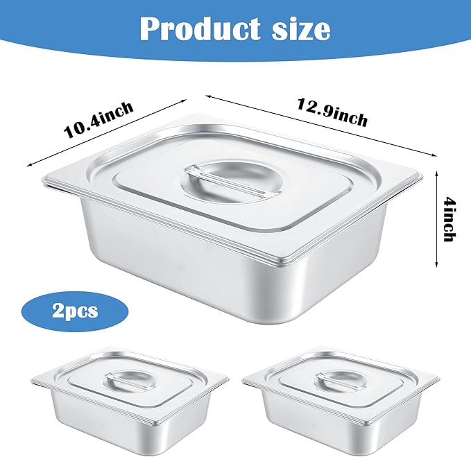 2 Pack Stainless Steam Hotel Pan with Lid 1/2 Size x 4 Inch Deep Steam Table Pan Restaurant Supplies Reusable Anti Rust Catering Storage for Home Party Restaurant Hotel Buffet