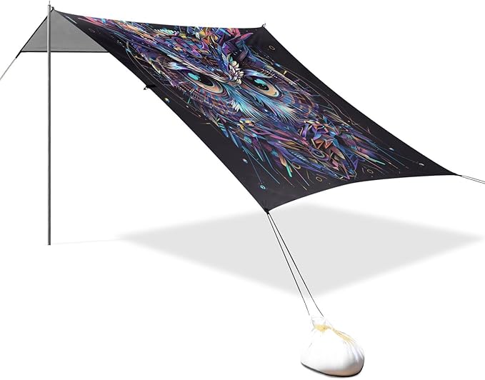 ALAZA Owl Portrait Cyberpunk Beach Tent Sun Shelter UPF50+ Protection Beach Shade Canopy w/ 4 Sandbags for Outdoor Camping Fishing Backyard Fun Picnic 10x9 ft