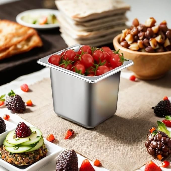 5 Pack Stainless Steel Hotel Pans1/6 Size6 Deep Steam Table PanCommercial Food Storage Containers Stackable Metal Steamer Pan for Hotel Restaurant Buffet Party (1/6 Size x 6 Deep)