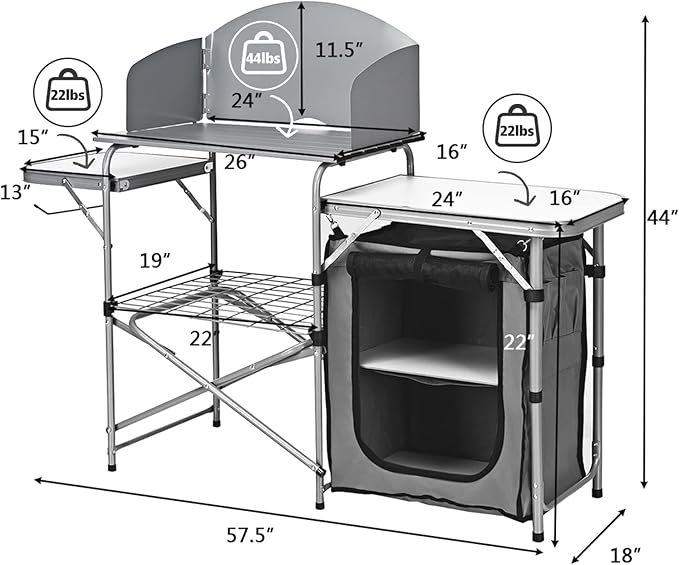 Tangkula Folding Camping Kitchen Table Aluminum Portable Camping Grill Table with Windscreen Cook Station Outdoor Quick Set-up Camp Cook Table with Storage Organizer Shelves Carry Bag