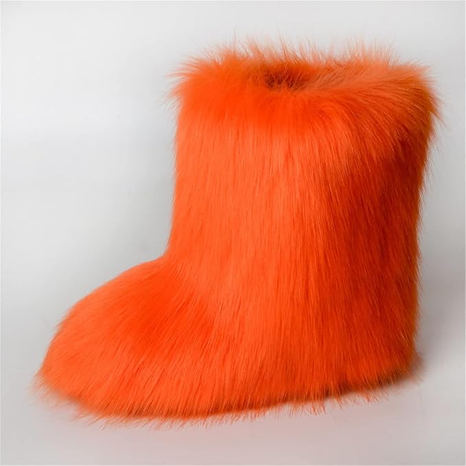 Womens Furry Faux Fur Booties Winter Warm Snow Ankle Boots Fuzzy Fluffy Furry Mid Calf Boots Outdoor Comfy Flat Shoes