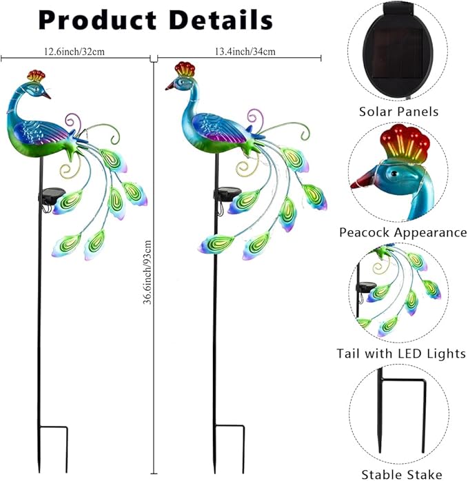 DREAMSOUL 2 Pack Metal Peacock Solar Lights Outdoor Waterproof LED Solar Lights Decorative Garden Stakes for Yard Pathway Peacock Decor