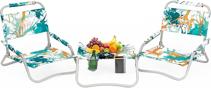 #WEJOY 2 Beach Chairs and Table Set Lightweight &amp Folding Backpack Beach Chair for Outdoor Beach Lawn Camping Picnic Cyan/Orange Beach Chairs Set