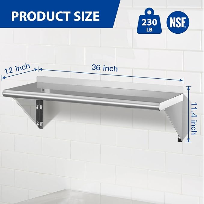 APLSS NSF Stainless Steel Wall Shelf 12 x 36 Inches - 2 Pack 230 lb Floating Mount Rack for Commercial &amp Residential Use