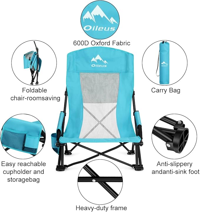 Oileus Folding Portable Beach Chair Lightweight High Back Low Seat for Tent &amp Shelter &amp Camping Full Mesh Back Cup Holder Storage/Carry Bag Armrest - 1 Pcs