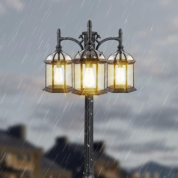 Dusk to Dawn Outdoor Lamp Post Light with 3 LED Bulbs Triple Head Aluminum Street Light Post for Outside with Sensor Waterproof Birdcage Pole Lighting Fixture for Backyard Garden Patio Driveway