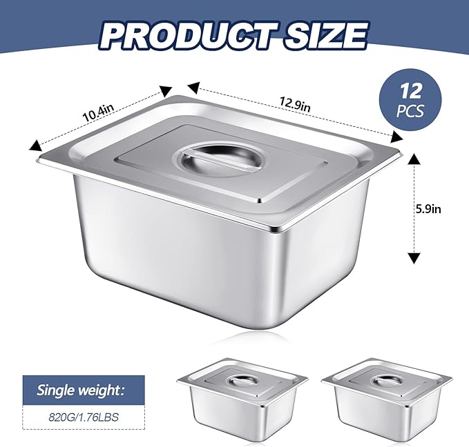 Mifoci 12 Pack Stainless Steam Hotel Pan with Lid 1/2 Size X 6 Inch Deep Steam Table Pan Restaurant Supplies Reusable Anti Rust Steam Pan Water Pan for Home Party Restaurant Hotel Buffet