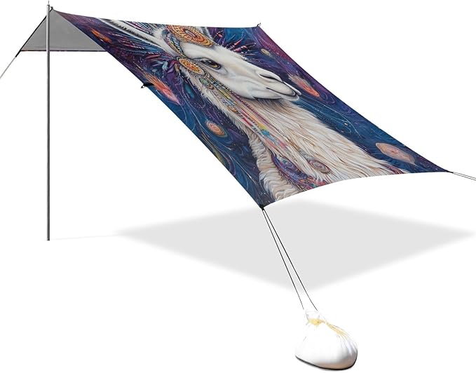 ALAZA Visionary Llama Boho Alpaca Beach Tent Sun Shelter UPF50+ Protection Beach Shade Canopy w/ 4 Sandbags for Outdoor Camping Fishing Backyard Fun Picnic 10x9 ft