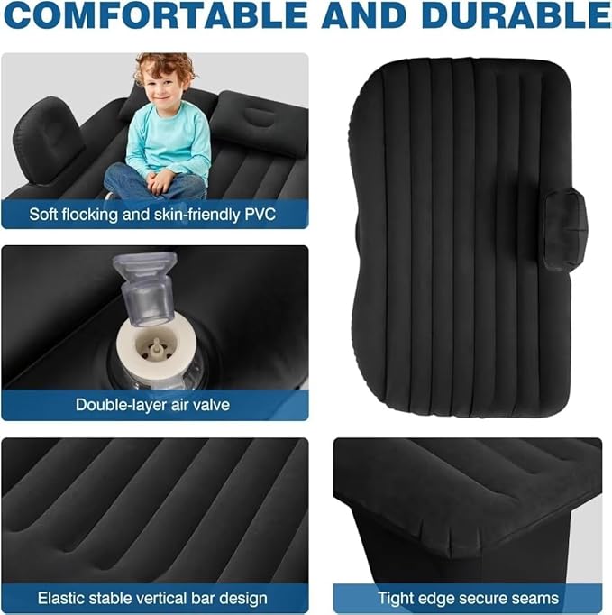 SUV Air Mattress - Thickened Double-Sided Travel Inflatable Car Bed With Electric Air Pump and 2 Pillows for Home Outdoor and Travel (Black)