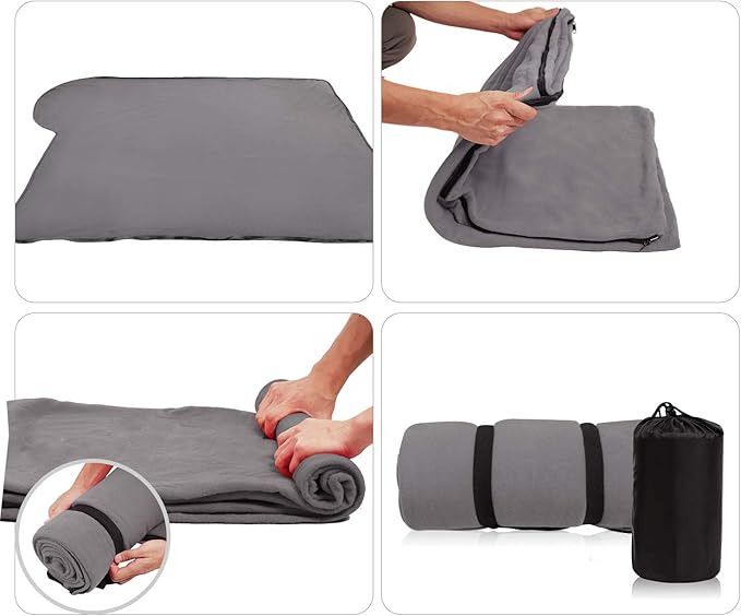 REDCAMP Fleece Sleeping Bag Liner with Hood Great for Adult Warm or Cold Weather 87 Long Full Sized Zipper Camping Blanket for Outdoor Grey