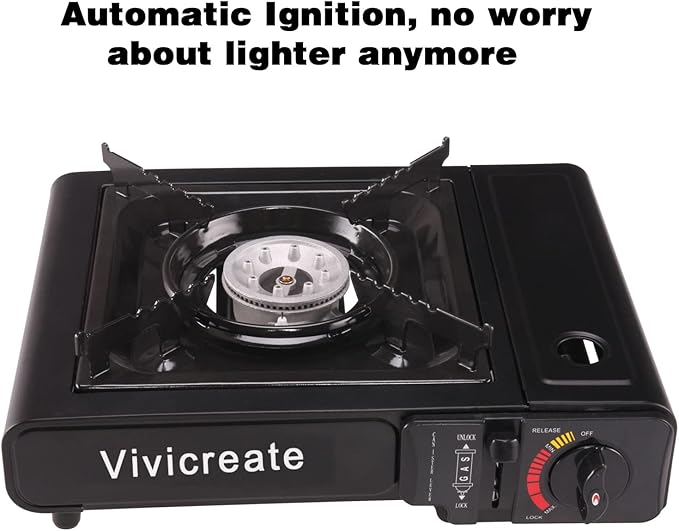 Vivicreate 8500 BTU Portable Butane Gas Stove for Camping Cooking Outdoor Lightweight Portable Stove Burner with Auto Ignition Estufa de Gas Portátil para Camping al Aire Libre(Black)