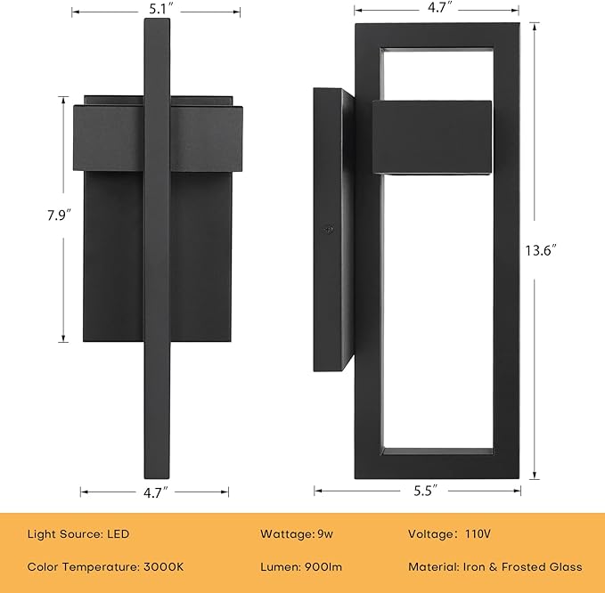 Krychiler 13.6 Inch Contemporary Outdoor Wall Lights with 3000K Integrated LED 2 Packs Matte Black Metal Modern Exterior Lighting Fixtures Outside Wall Mount for House Porch Patio Garage Front Door