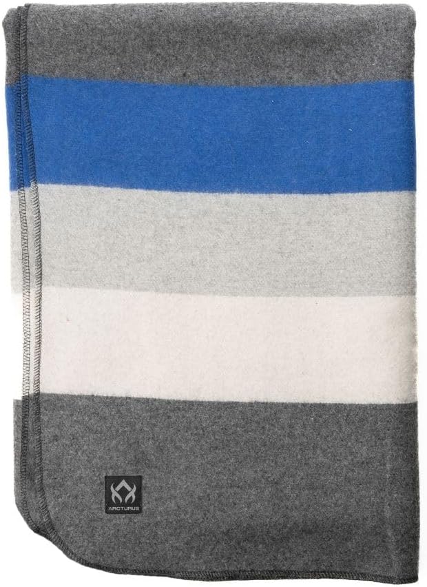 Arcturus Rainier Wool Blanket - 4.5lbs Warm Heavy Washable Large | Great for Camping Outdoors Survival &amp Emergency Kits (White Blue Gray)