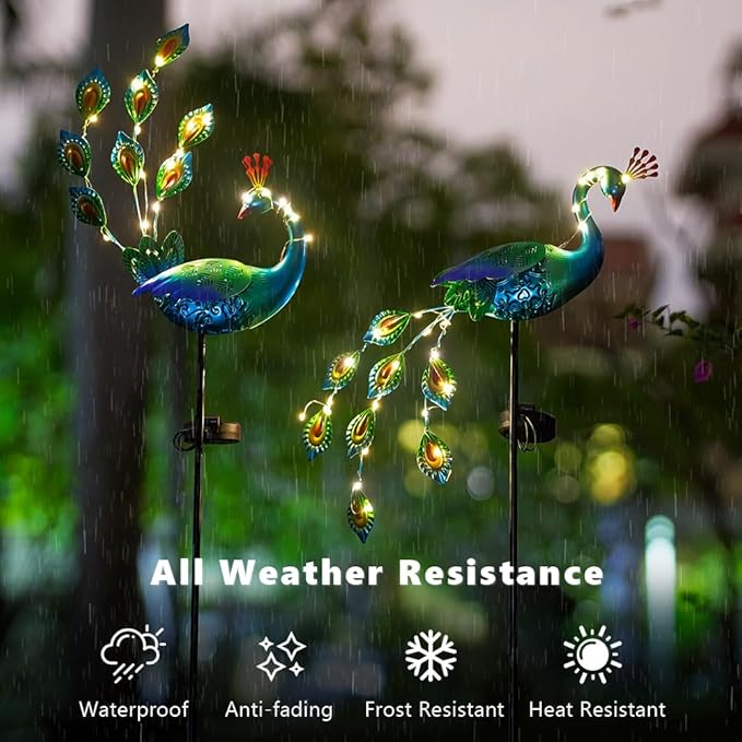 DREAMSOUL Peacock Solar Lights Outdoor 2 Pack Waterproof Outdoor Solar Lights for Yard Pathway Peacock Garden Decor