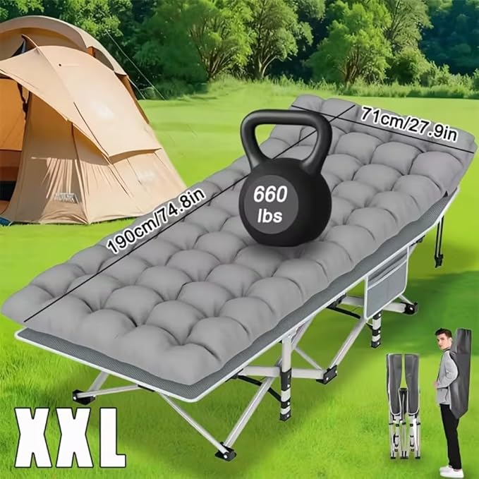 1200D Oxford Canvas Folding Camping Bed Adult Soft Foam Mat and Carrying Bag - Double Deck PortableOutdoor Folding Chair with MattressCamping Equipment (Grey-660(with Disposable Sheet))