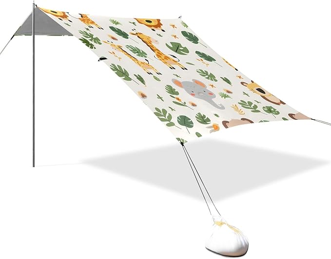 Cute Safari Animals Camping Sun Shelter Beach Tent Portable Beach Sun Shade Outdoor Canopy for Camping Trips Fishing Picnic