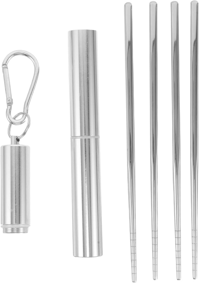 LOGOFUN 4pcs Stainless Steel Travel Chopsticks with Metal Carrying Case Portable Utensils for Camping Hiking Picnic