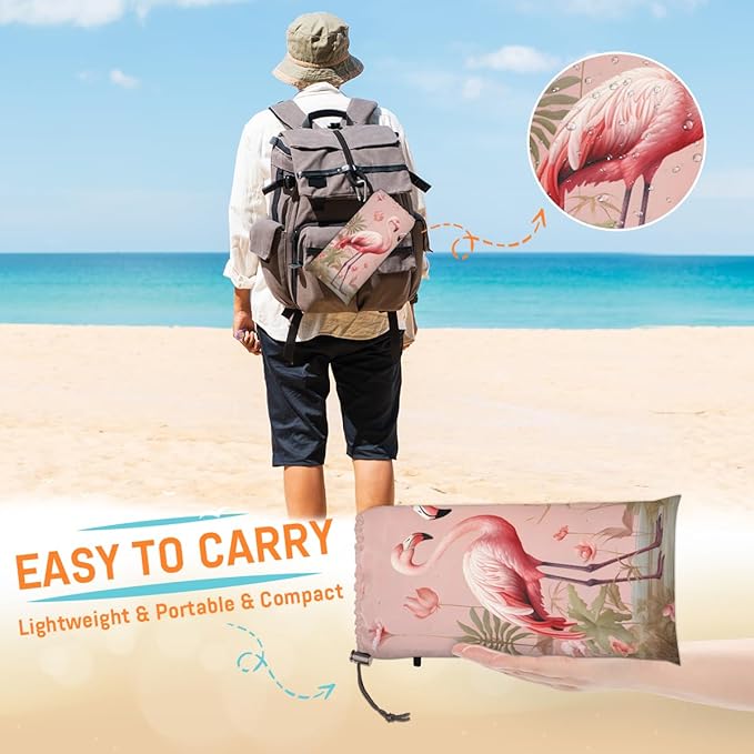 Waterproof Sandproof Beach Blanket 59''×68'' Flamingo Polyester Outdoor Picnic Blanket with 4 Stakes &amp Storage Bag for BeachCampingVacation Pink