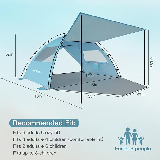 Elegear CumbreX™ Beach Tent Sun Shelter with Canopy 6-8 Person Beach Tent Easy Setup UPF 50+ UV Protection Portable Lightweight Double Silver Coating Cabana Sun Shade Shelter - Sky Blue